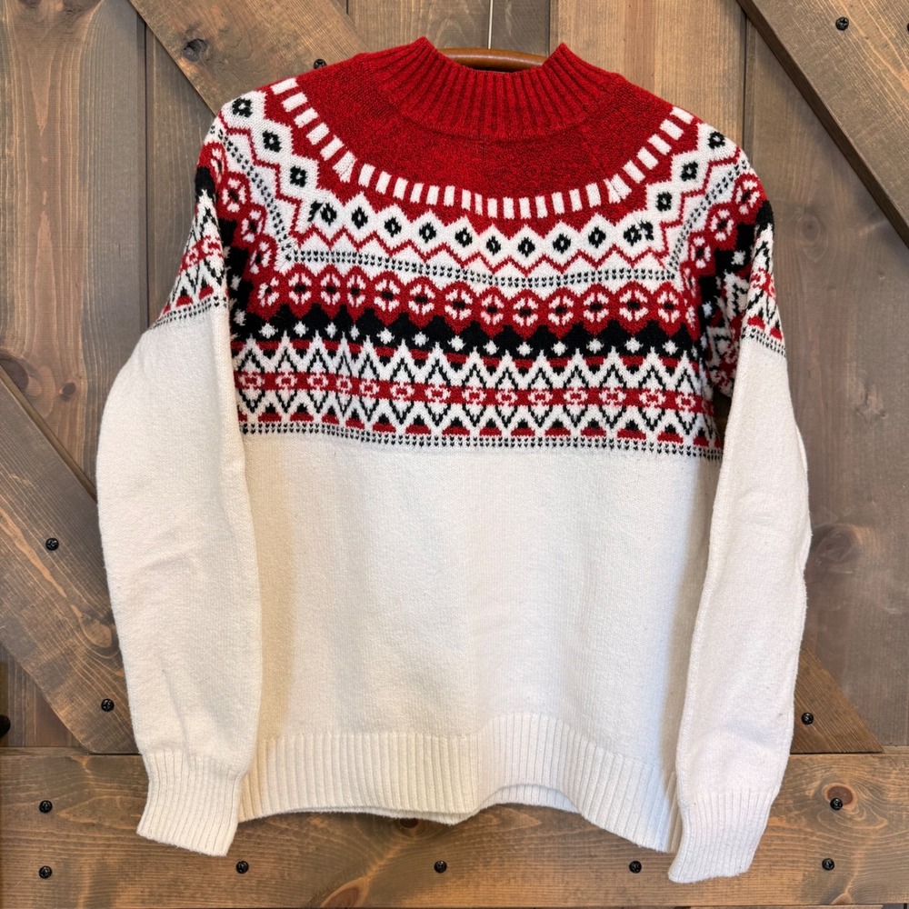 St. John's Bay Fair Isle Sweater Womens Medium Red White Good Mock Neck Knit